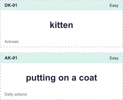 Two real sample cards: DK-01, kitten (drawing), and AK-01, putting on a coat (charades).