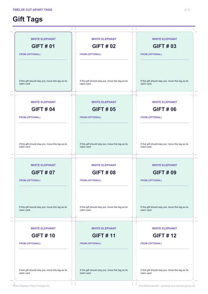 Preview of twelve numbered White Elephant gift tags