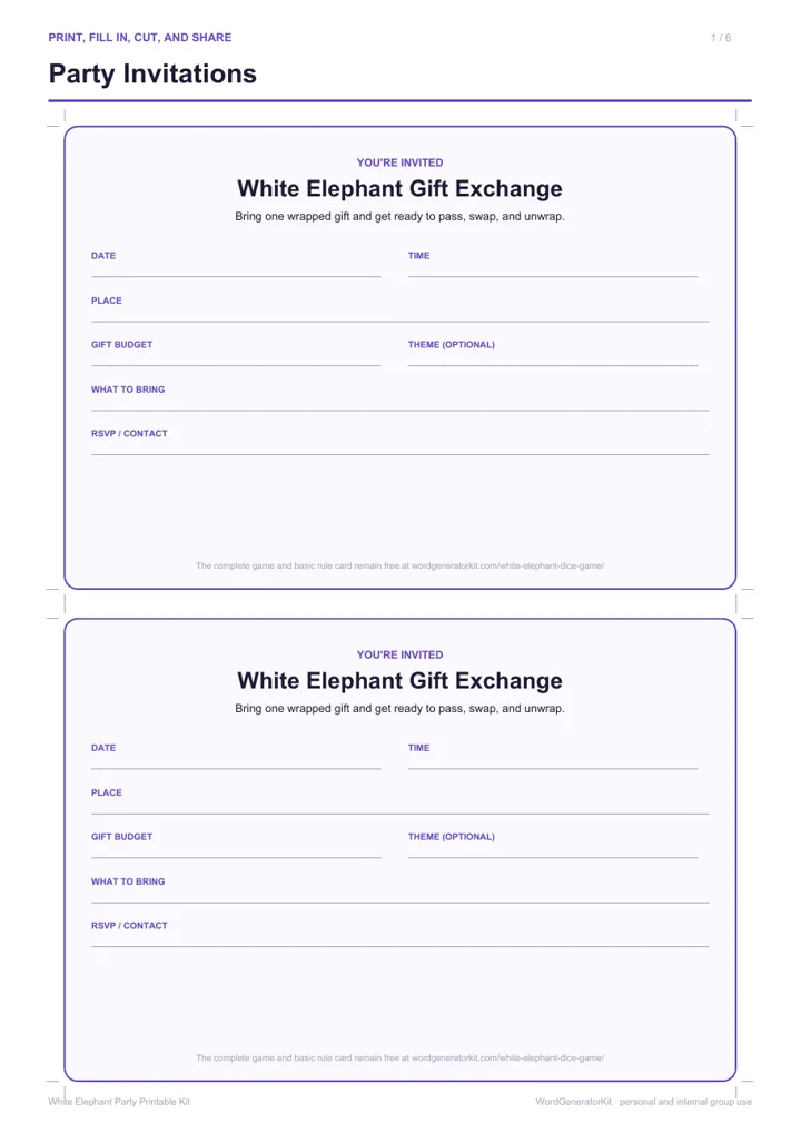 Preview of two fill-in White Elephant party invitations